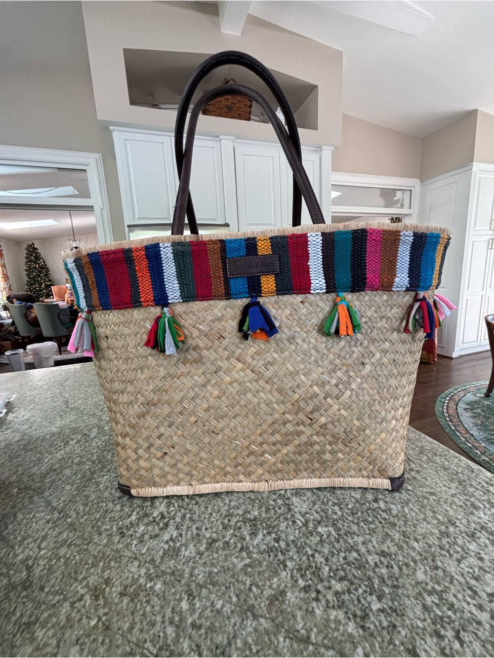 bagatelle Straw Tote with Multicolor Stripe Trim & Tassels.Shopping, beach, pool